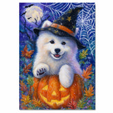 Samoyed Dog Halloween Canvas Wall Art Cute Puppy in Witch Hat Pumpkin Fall Home Decor for Pet Lovers on Ready to Hang 1.5" Thick Canvas Wrap, Floating Framed Canvas, Flat Rolled Canvas